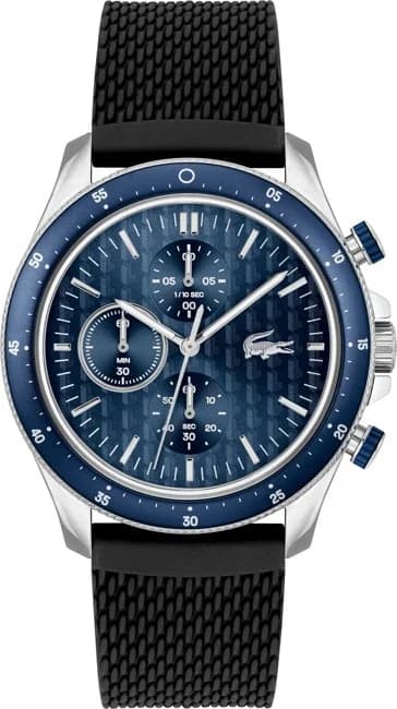 Montre Lacoste 2011252 avec cadran bleu soleil, index blancs et trotteuse rouge sur fond noir