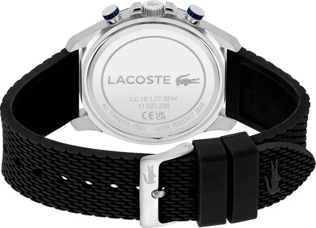 Bracelet Lacoste 2011252 en silicone noir texturé, boucle ardillon signée et confort sportif