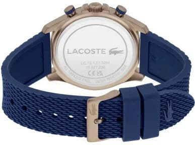 Bracelet Lacoste 2011253 en silicone bleu texturé avec boucle ardillon signée, confortable et résistant à l'eau