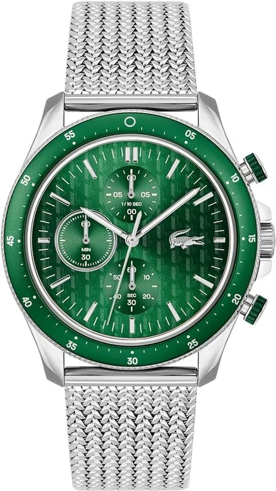 Montre Lacoste 2011255 avec cadran vert et bracelet maille milanaise argenté, style classique chic