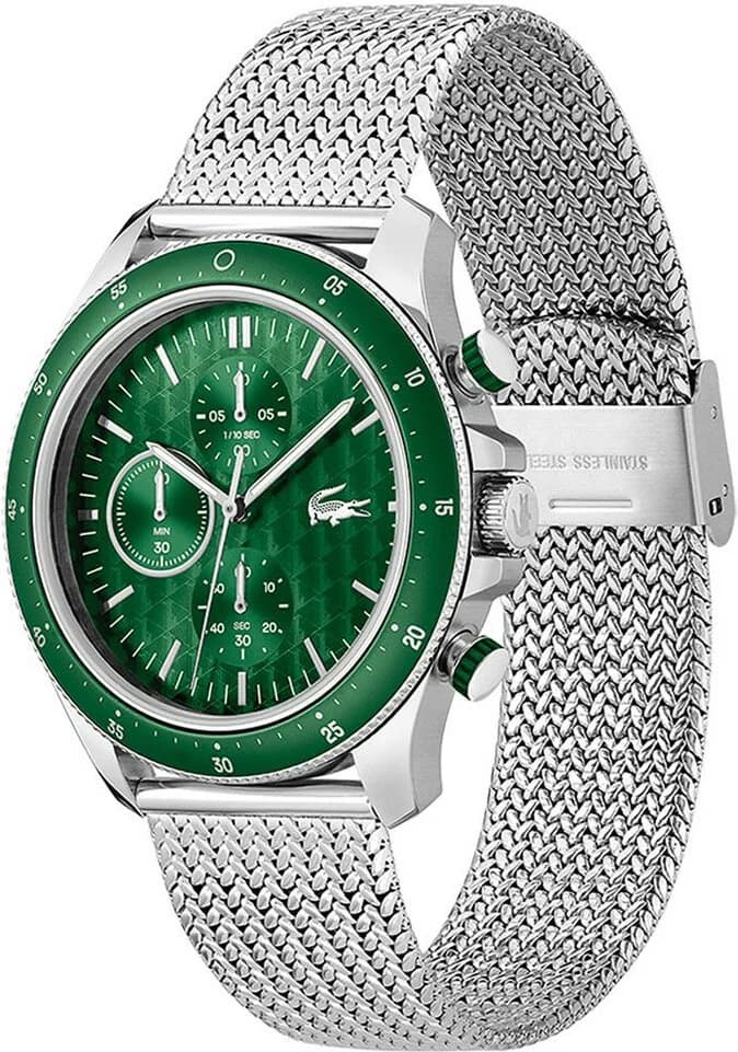 Cadran Lacoste 2011255 au cadran vert soleil, index bâtons et aiguilles dauphine argentées, date à 3h