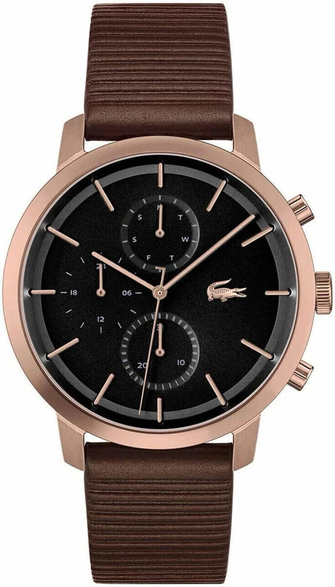 Montre Lacoste 2011257 avec cadran blanc et compteurs noirs sur bracelet cuir marron, style sport chic