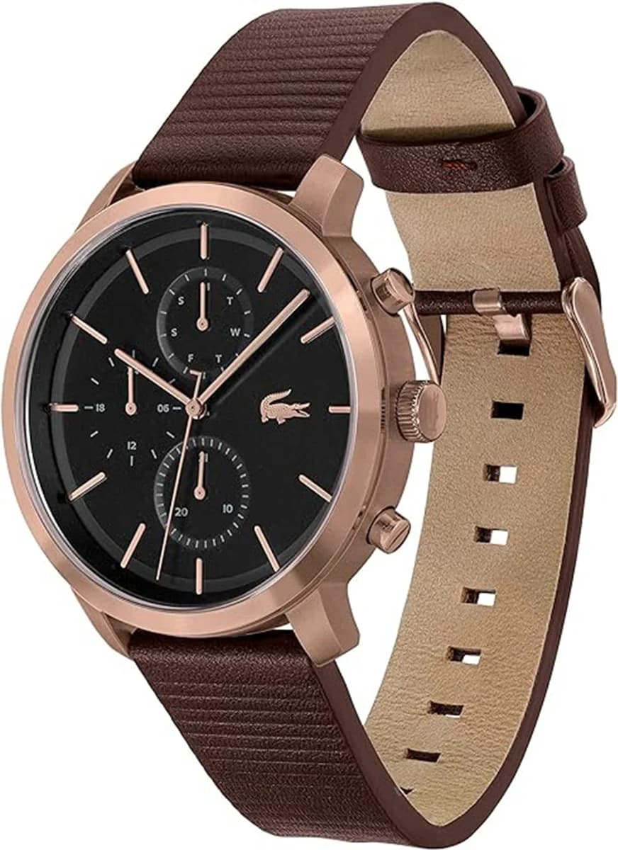 Cadran Lacoste 2011257 blanc à index bâtons et aiguilles noires, trois sous-cadrans pour chronographe