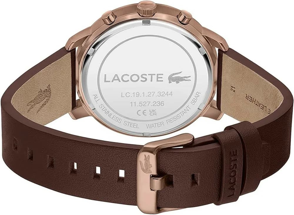 Bracelet Lacoste 2011257 en cuir marron cousu, boucle ardillon signée Lacoste, finition vintage