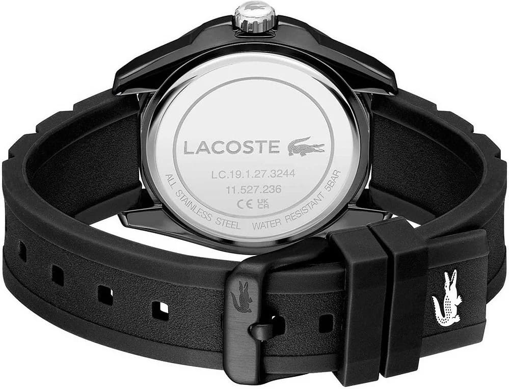 Bracelet Lacoste 2011284 en silicone noir souple, fermoir ardillon, confortable et résistant à l'eau