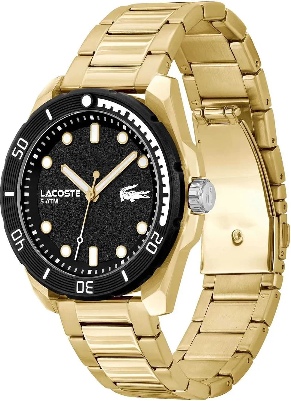 Cadran Lacoste 2011287 présente index bâtons et aiguilles dorés sur fond noir mat