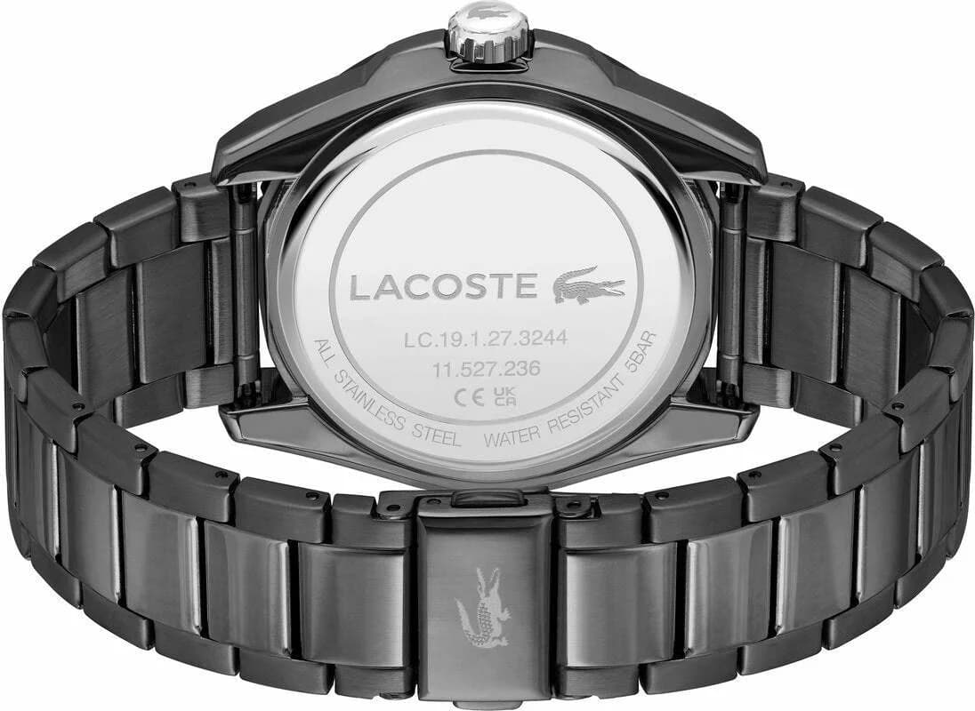 Cadran Lacoste 2011288 noir avec index bâtons et aiguilles argentées, date à 3h, design épuré