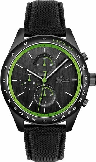 Montre Lacoste 2011296 au cadran noir soleillé, aiguilles argentées et index appliqués, style sport chic