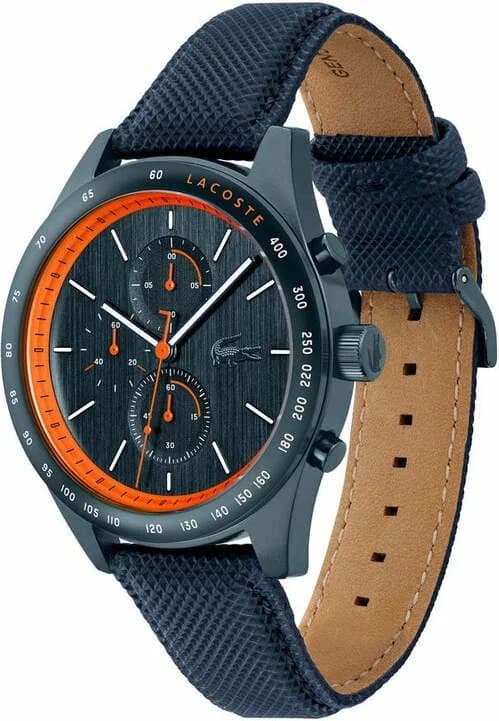 Cadran Lacoste 2011297 avec guichets jour date et 24h sur fond bleu soleillé