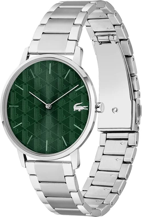 Cadran Lacoste 2011311 vert texturé, index bâton argentés, aiguilles luminescentes, date à 3h