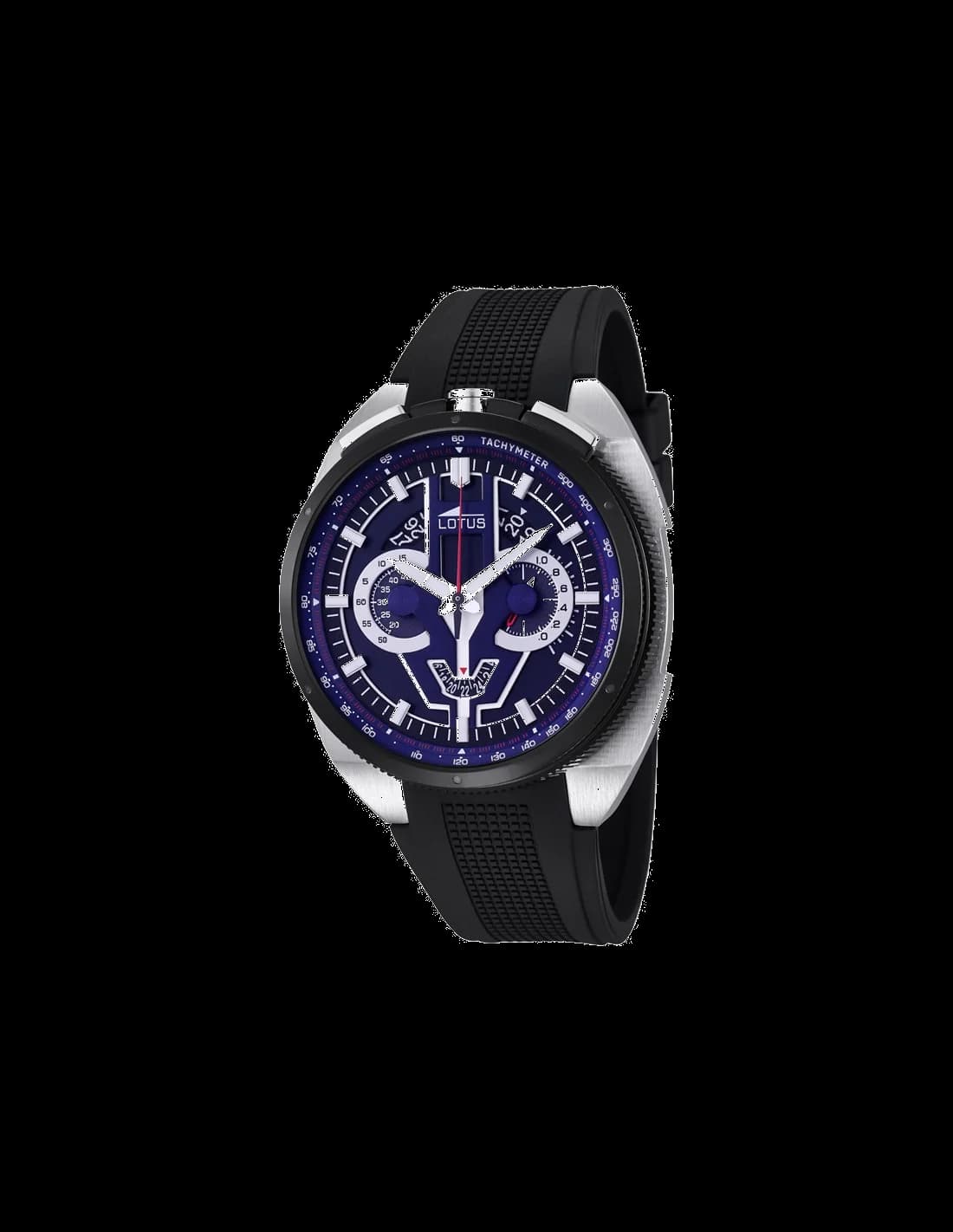 Montre Lotus L10128/3 au cadran noir avec compteurs chronographe, aiguilles et index argentés, style sport chic