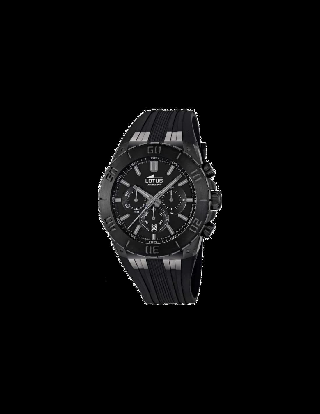 Montre Lotus L15803/1 affichant un cadran noir profond avec index argentés et aiguilles lumineuses, style sport-élégant