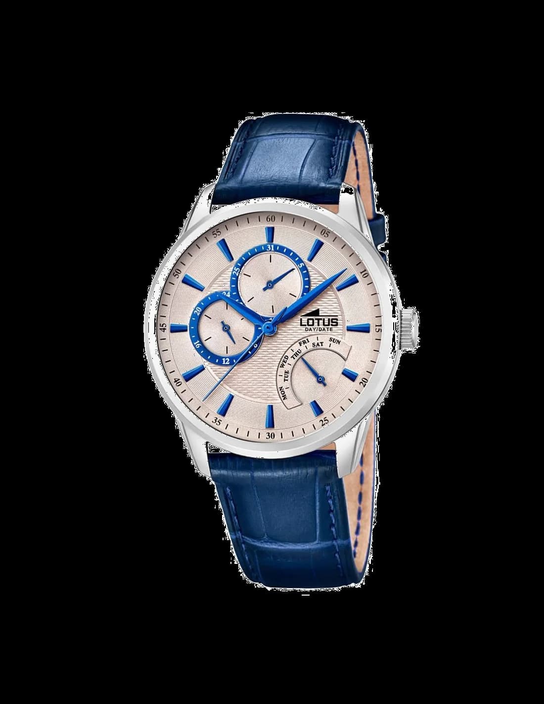 Montre Lotus L15974/6 au cadran bleu soleil, aiguilles argentées et index bâtons, style classique et élégant