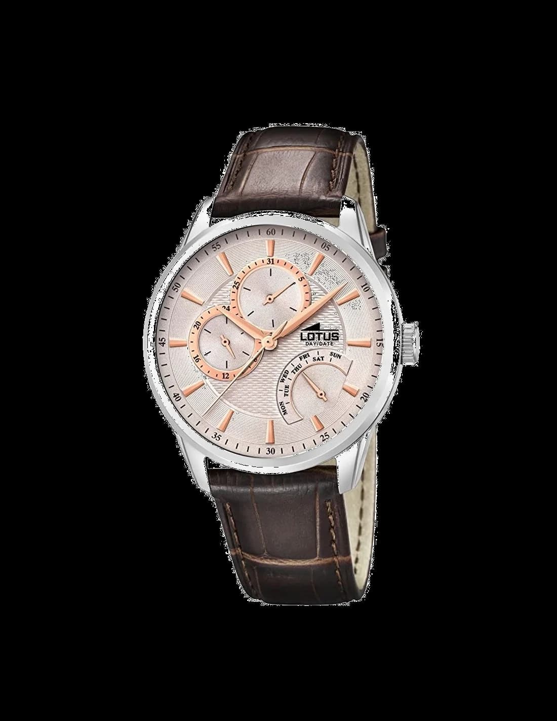 Montre Lotus L15974/7 au cadran marron soleil avec index bâtons et aiguilles argentées, style classique élégant