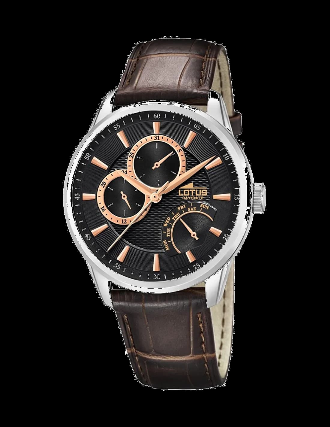 Montre Lotus L15974/9 avec cadran brun soleillé et aiguilles dorées sur fond chocolat