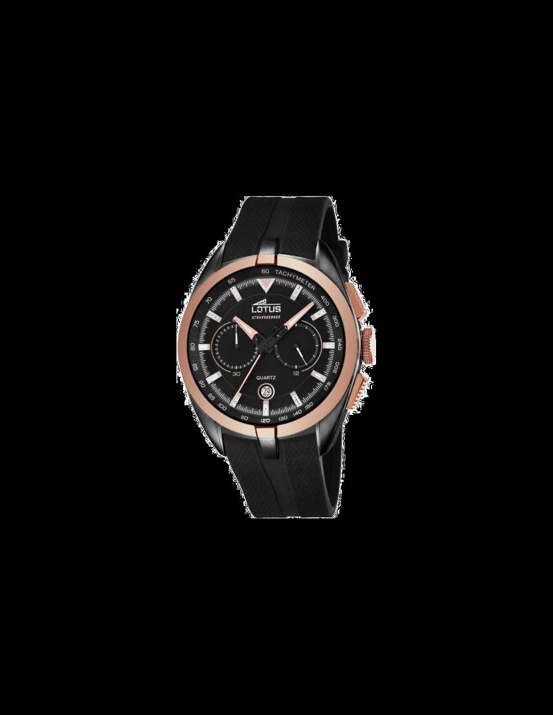 Montre Lotus L18188/1 noire avec cadran noir soleil, style smart casual, aiguilles et index argentés, élégance sobre