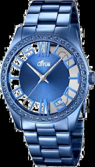 Montre Lotus L18251/1 au cadran bleu soleil, aiguilles dorées et index bâtons sur fond bleu vif