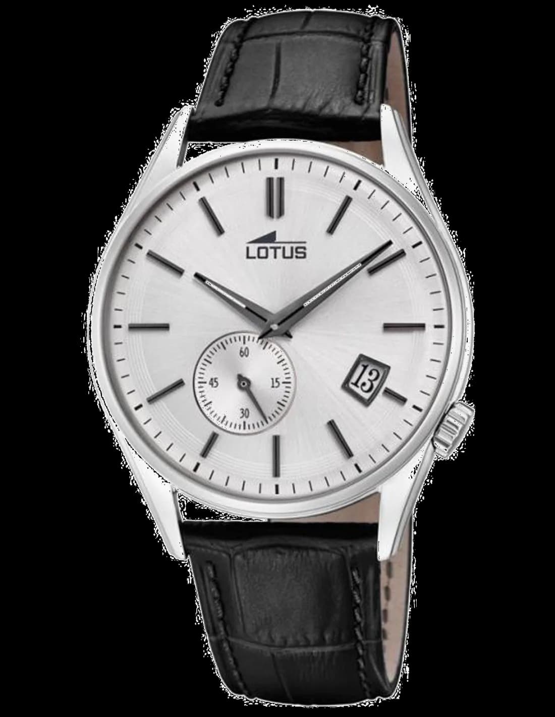 Montre Lotus L18355/1 avec cadran noir soleillé, aiguilles argentées et index bâtons, style classique et épuré