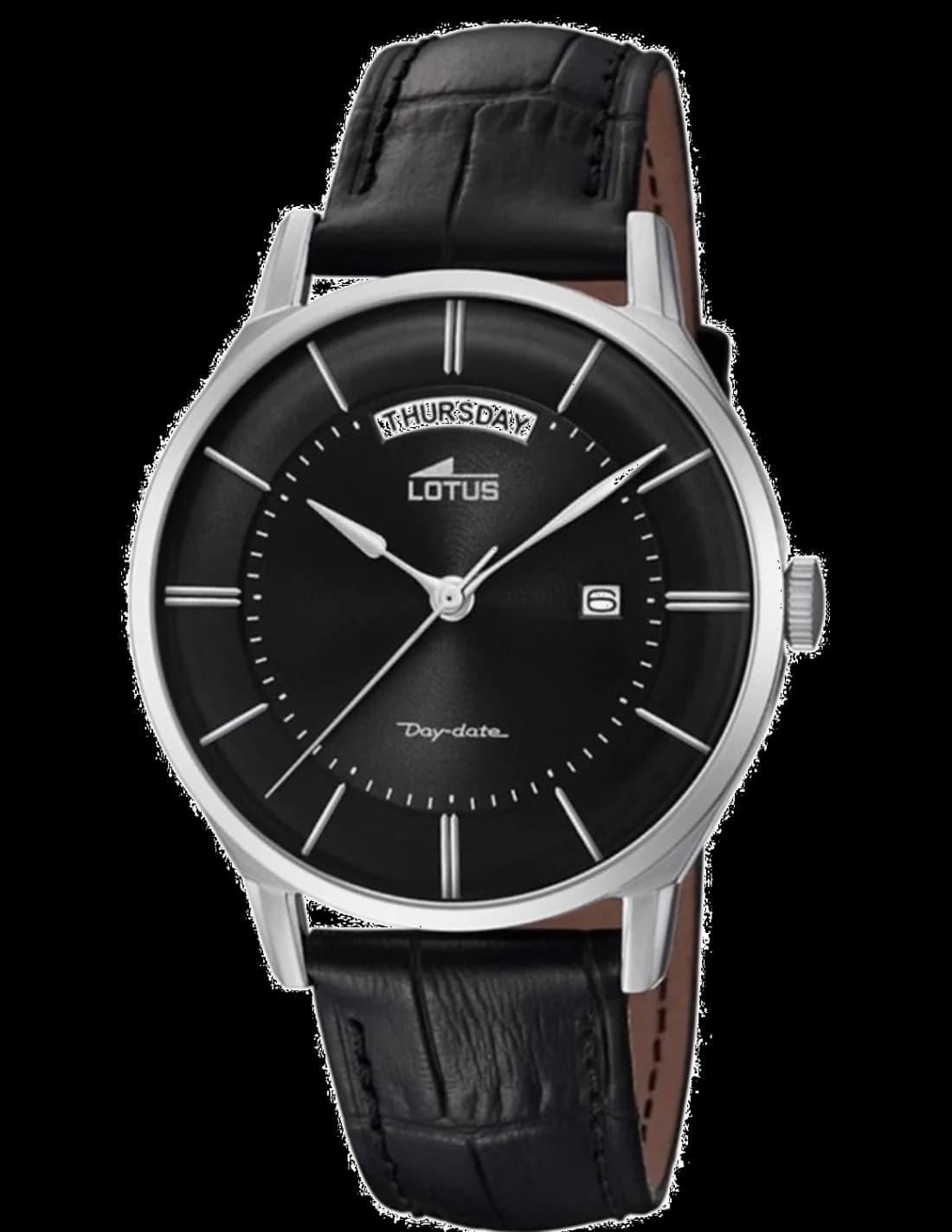 Montre Lotus L18420/3 avec cadran noir et index argentés, bracelet en cuir noir, style classique élégant