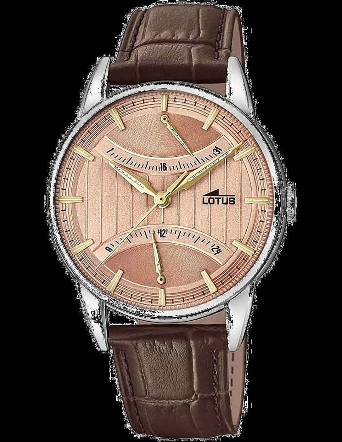 Montre Lotus L18429/2 avec cadran brun soleil, aiguilles dorées et index bâtons sur fond chocolat
