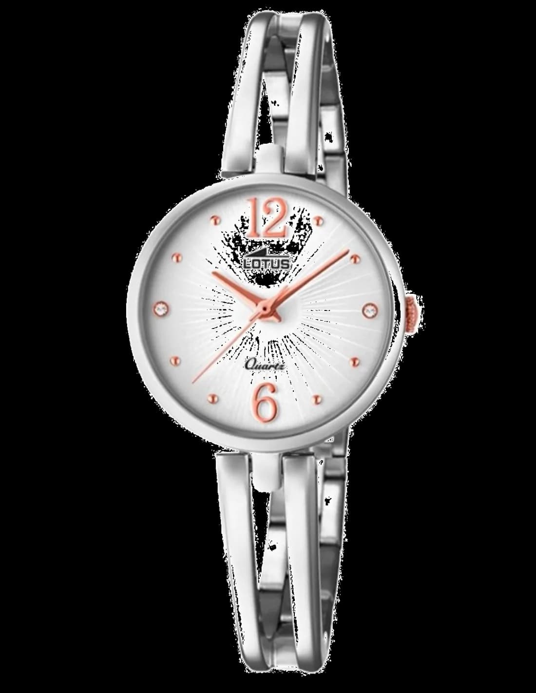 Montre Lotus L18442/1 argentée au cadran blanc nacré avec index dorés et aiguilles fines, style élégant et féminin