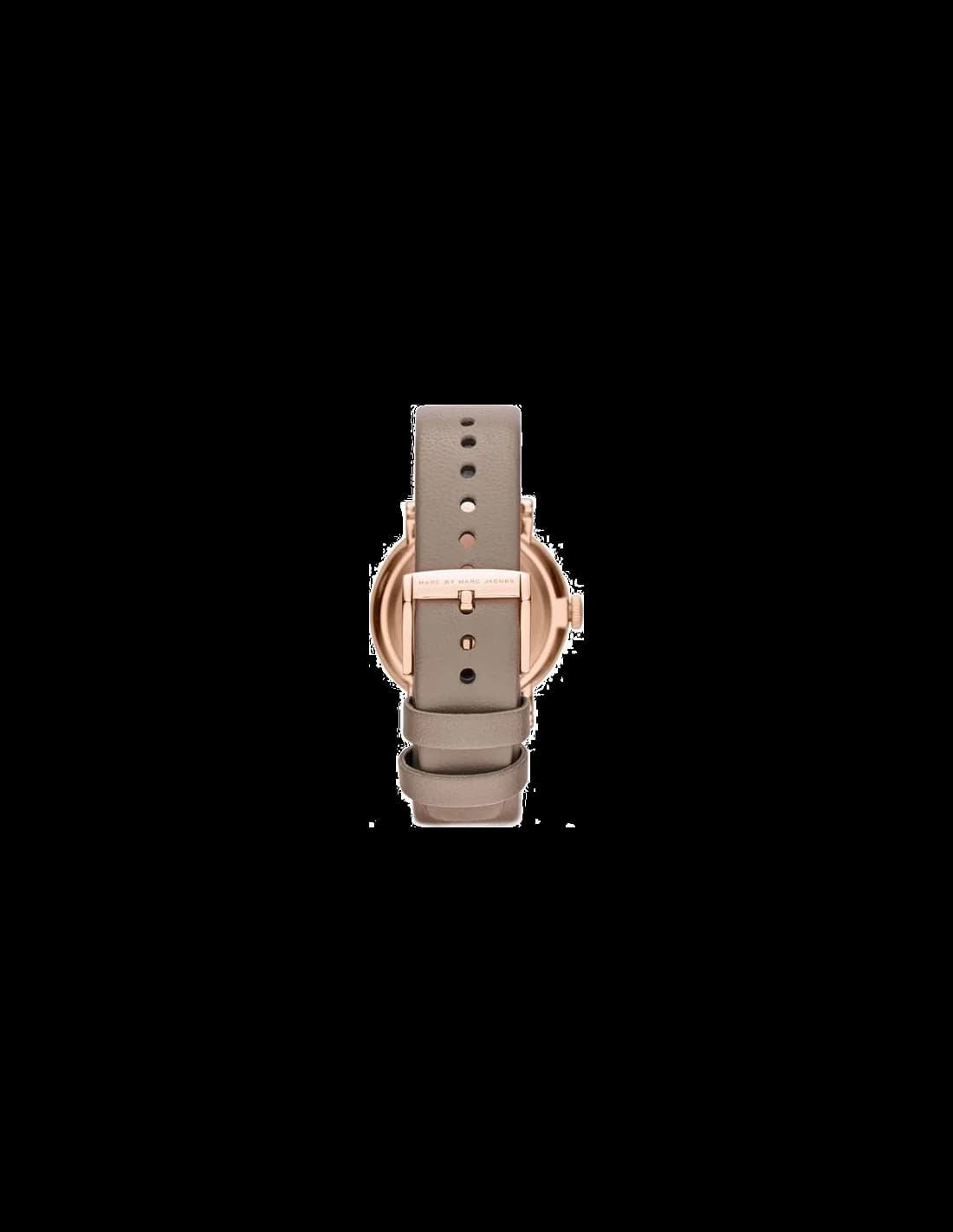 Cadran Marc Jacobs MBM1266 au cadran blanc nacré orné d'index bâtons dorés, aiguilles dauphine et guichet date à 6h, design épuré