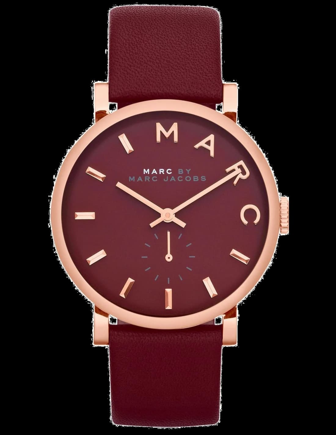 Montre Marc Jacobs MBM1267 au cadran bordeaux soleillé et aiguilles dorées, style élégant et raffiné
