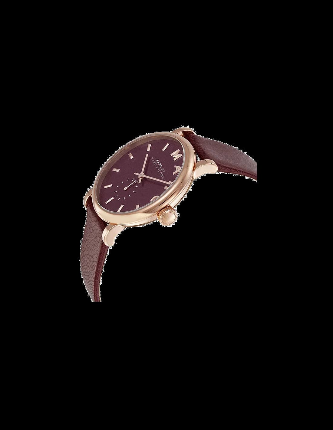 Cadran Marc Jacobs MBM1267 avec index dorés et aiguilles dauphine, date à 3h, fond bordeaux texturé