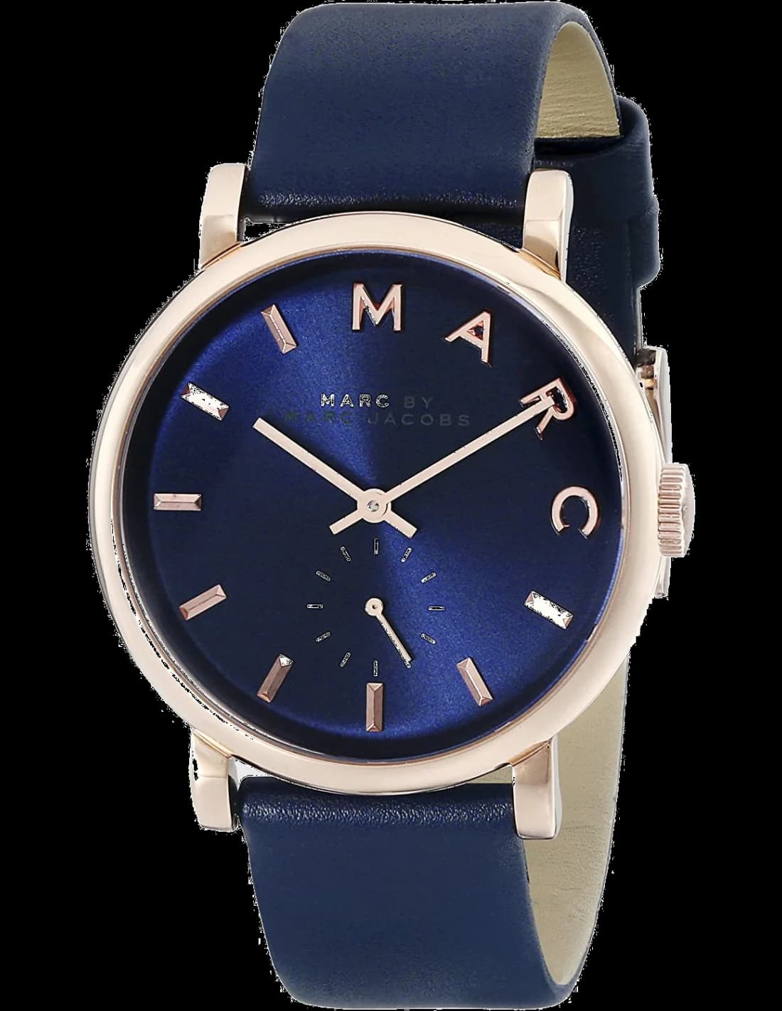 Montre Marc Jacobs MBM1329 au cadran argenté avec index dorés et aiguilles bleues, style chic et moderne