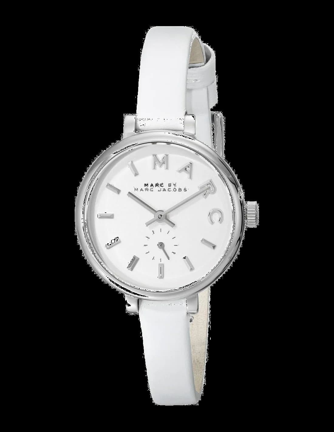 Montre Marc Jacobs MBM1350 avec cadran blanc pur, aiguilles dorées et index bâtons minimalistes au style chic
