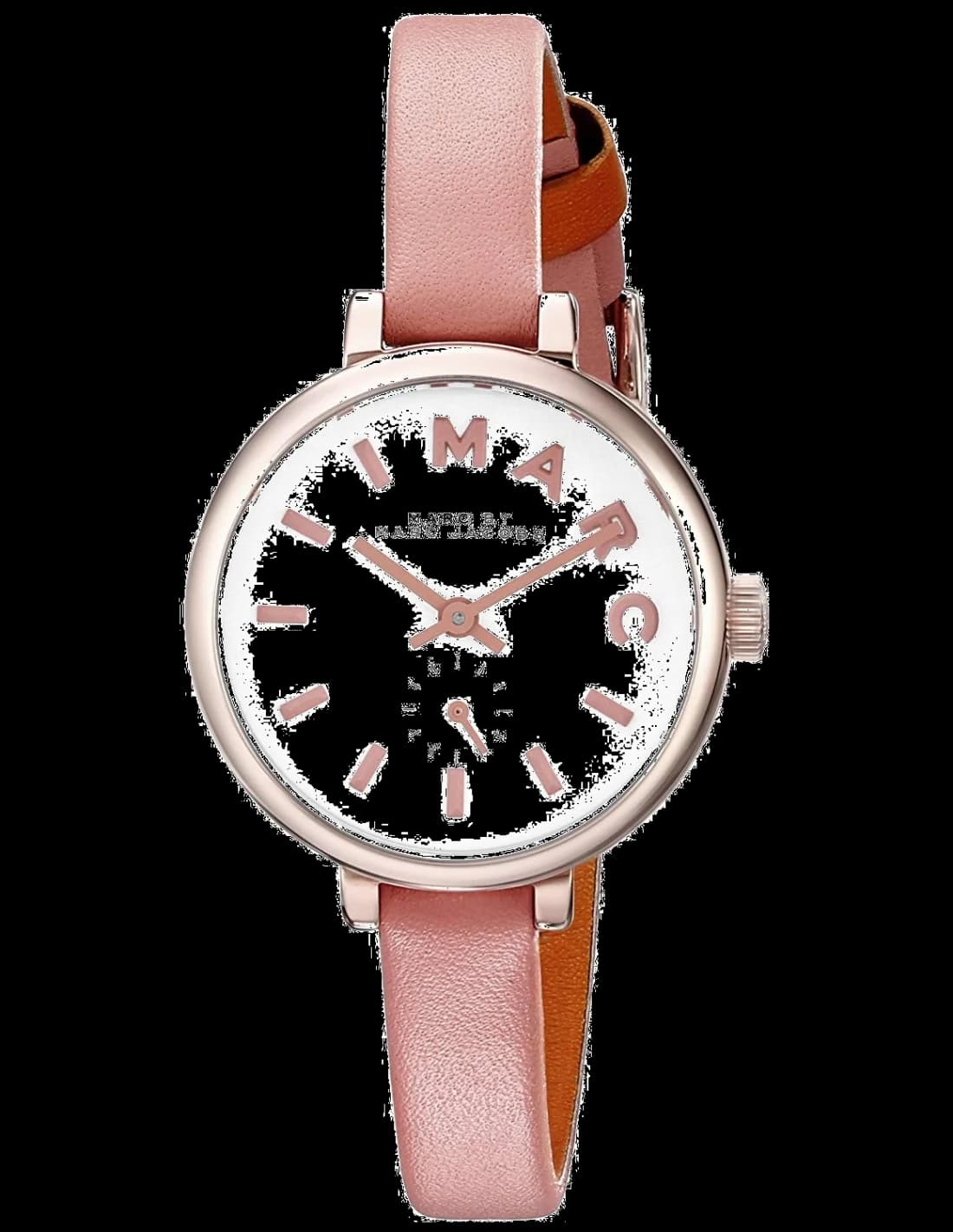 Cadran Marc Jacobs MBM1355 avec fond orange texturé, index appliqués et aiguilles dauphine, date à 3h