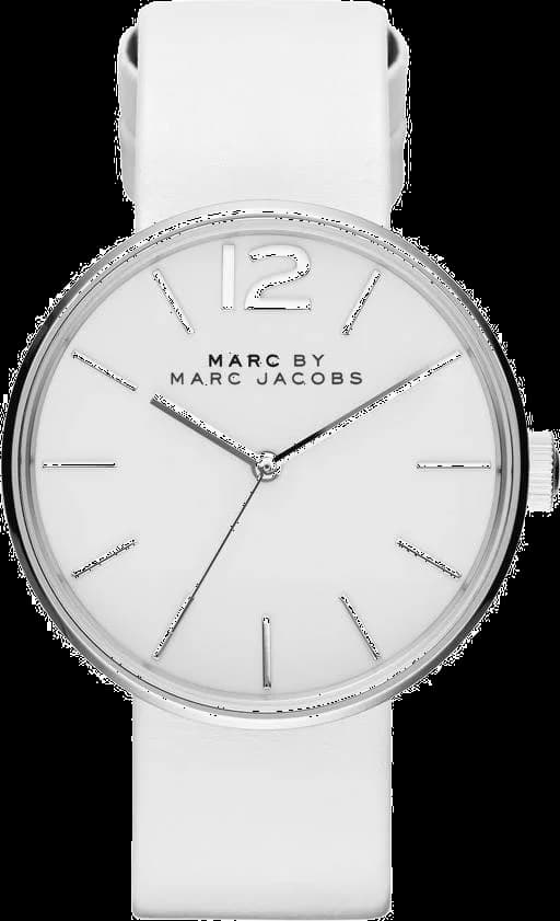 Montre Marc Jacobs MBM1361 au cadran blanc nacré, index dorés et aiguilles fines, style élégant et féminin