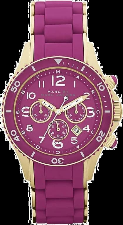 Montre Marc Jacobs MBM2576 au cadran violet soleil avec index bâtons et boîtier argenté, style moderne et élégant