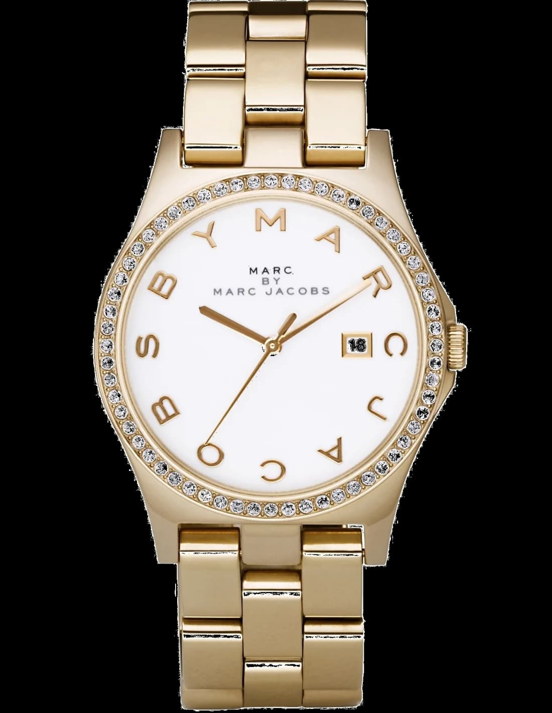 Montre Marc Jacobs MBM3045 avec cadran blanc nacré et aiguilles dorées, style élégant et féminin