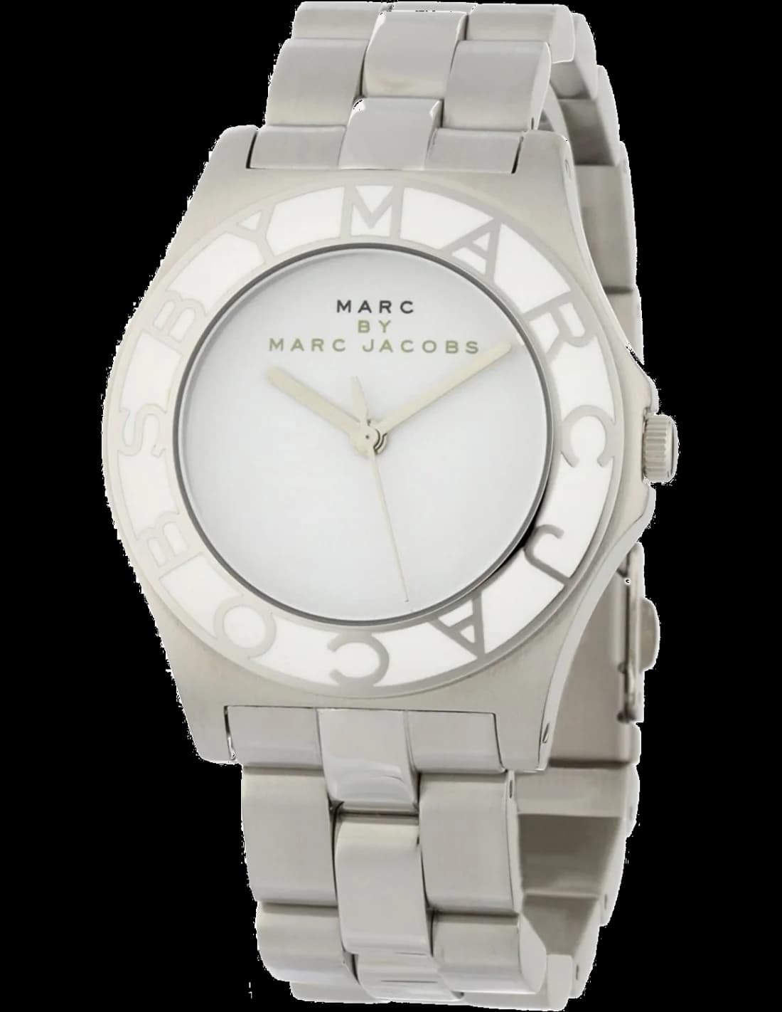 Montre Marc Jacobs MBM3048 avec cadran blanc et index argentés, style chic et minimaliste, bracelet acier