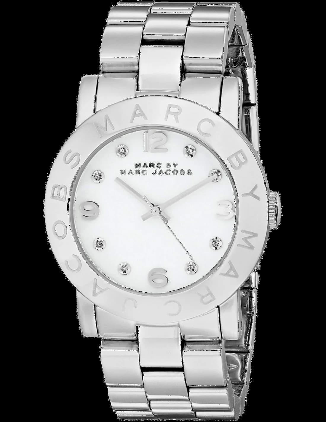 Montre Marc Jacobs MBM3054 rond blanc avec index dorés et aiguilles dorées, style chic et féminin sur fond clair
