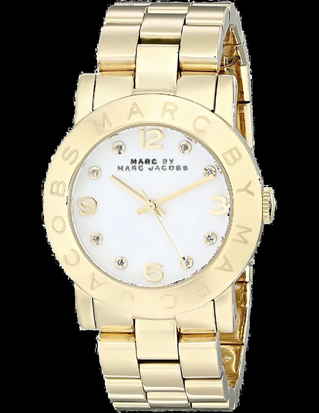 Montre Marc Jacobs MBM3056 avec cadran doré et index bâtons sur fond crème