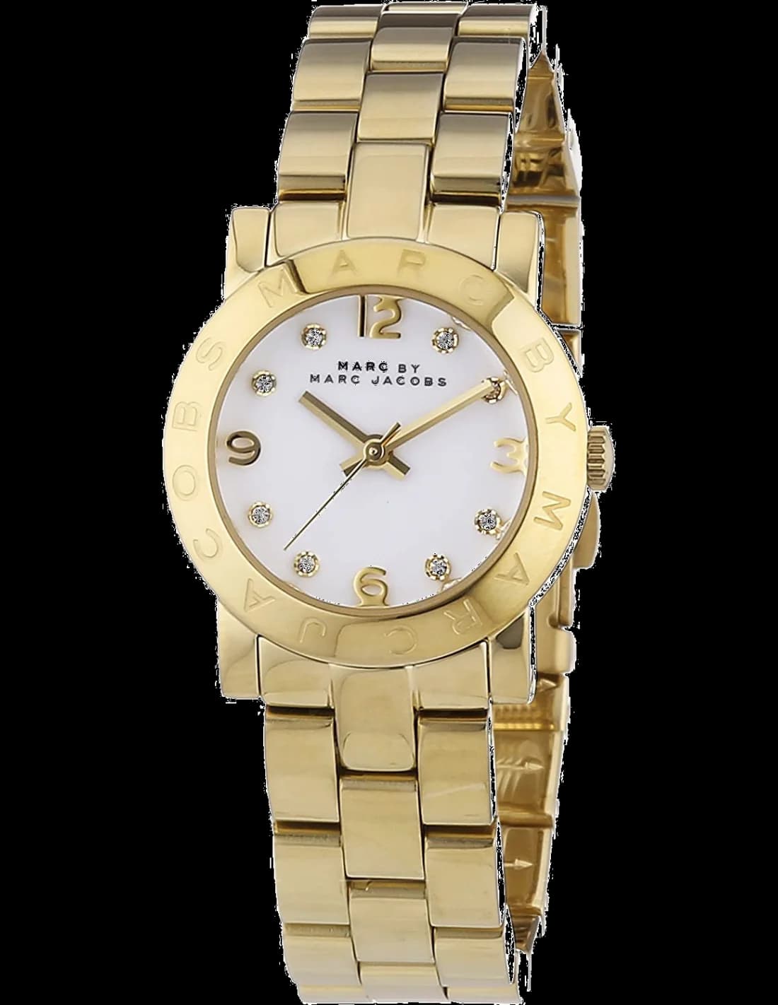 Montre Marc Jacobs MBM3057 avec cadran blanc nacré et acier doré jaune, style élégant et raffiné