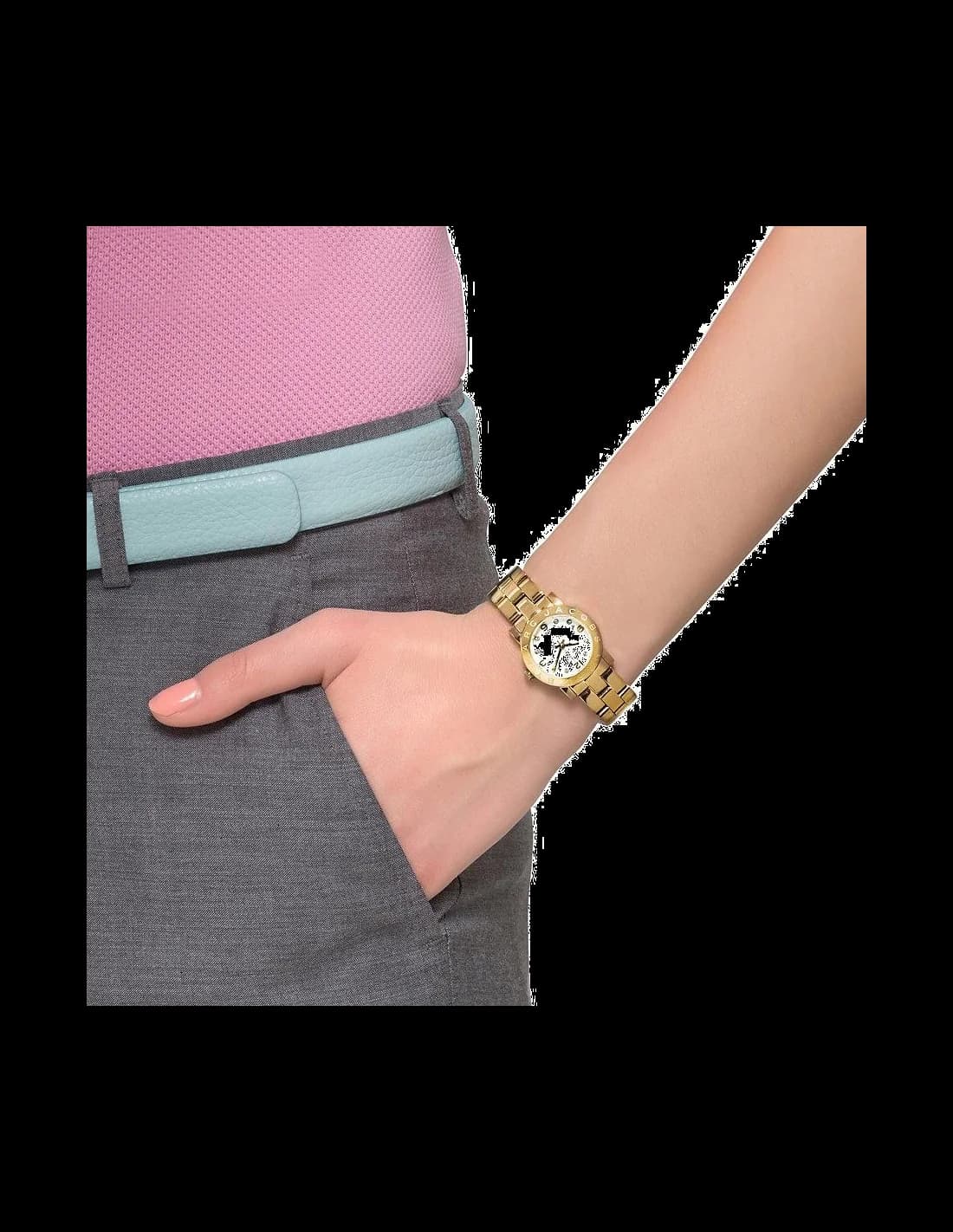 Boîtier Marc Jacobs MBM3057 rond en acier doré jaune, lunette lisse, profil fin et élégant pour poignet féminin