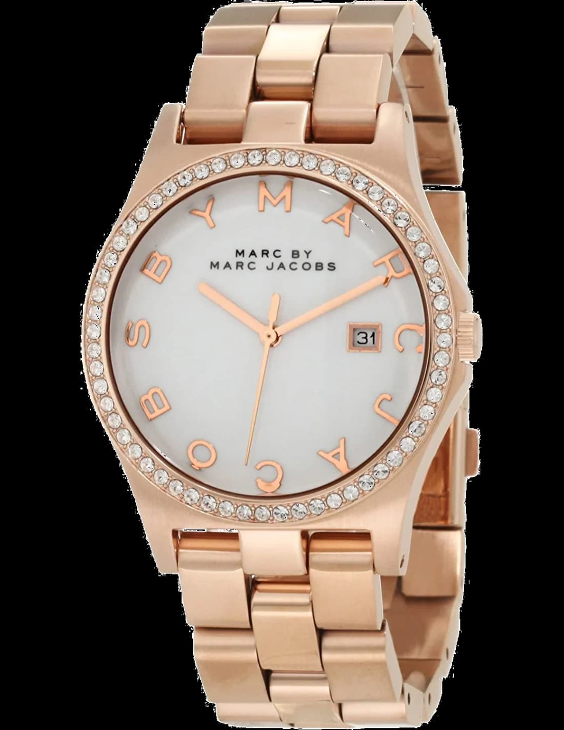 Montre Marc Jacobs MBM3079 au cadran blanc lumineux rehaussé d'index lettres dorés et d'aiguilles or rose, style chic