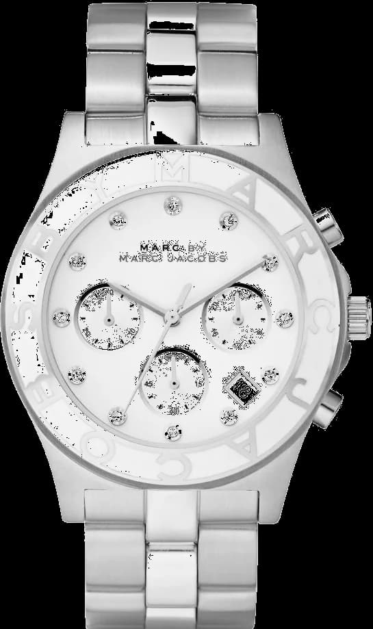 Montre Marc Jacobs MBM3080 chronographe acier argenté, cadran blanc soleillé, style élégant et moderne
