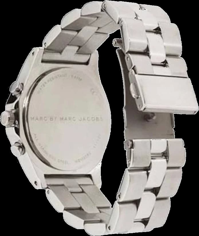 Cadran Marc Jacobs MBM3080 avec index bâtons, aiguilles argentées, compteurs chrono et date à 4h30