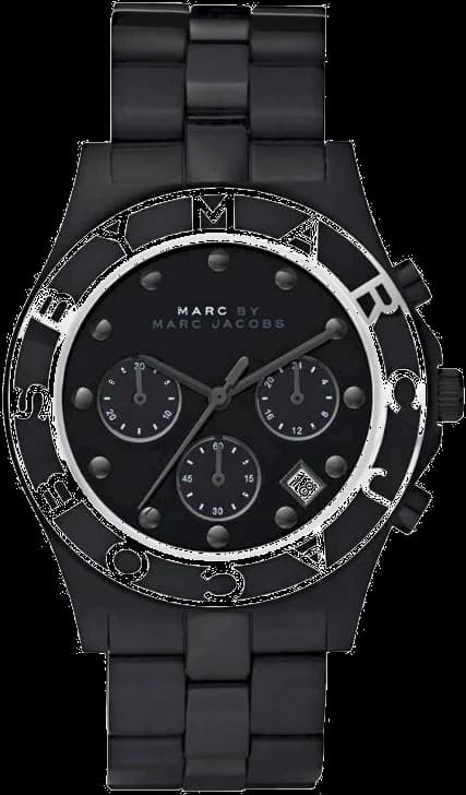 Montre Marc Jacobs MBM3083 avec cadran noir soleillé et index argentés, style chic et moderne