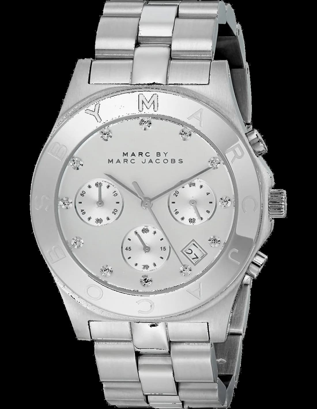 Montre Marc Jacobs MBM3100 au cadran blanc nacré avec index en cristal et aiguilles dorées, style chic et féminin
