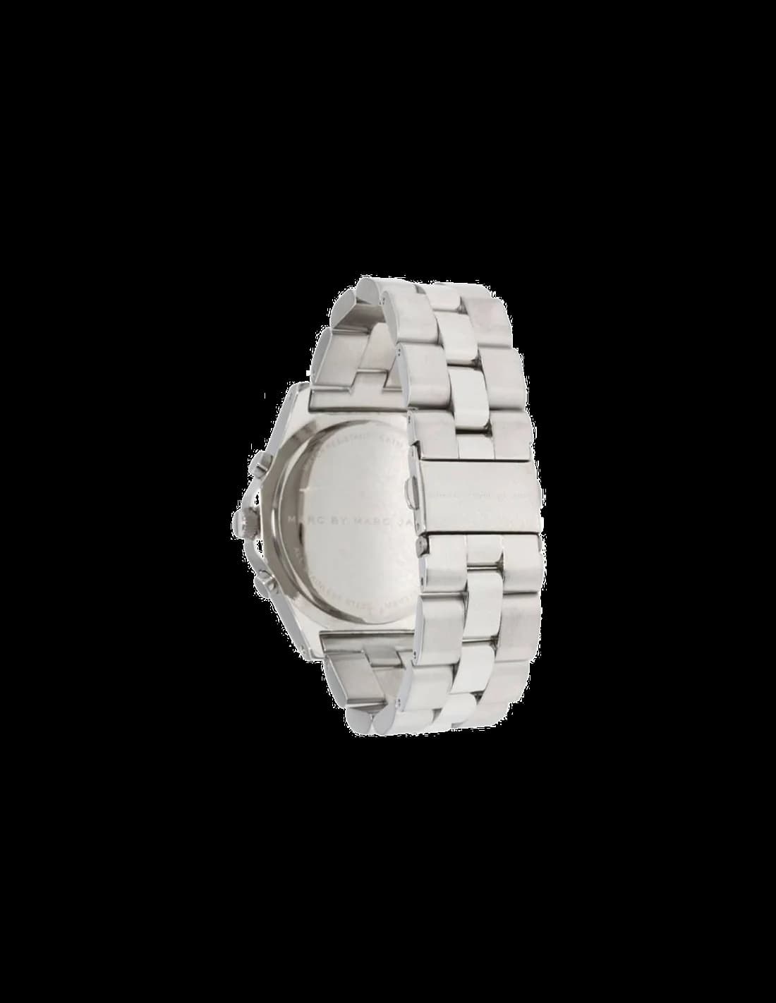 Cadran Marc Jacobs MBM3100 avec index en cristal, aiguilles dorées, compteurs chronographe et date à 4h30
