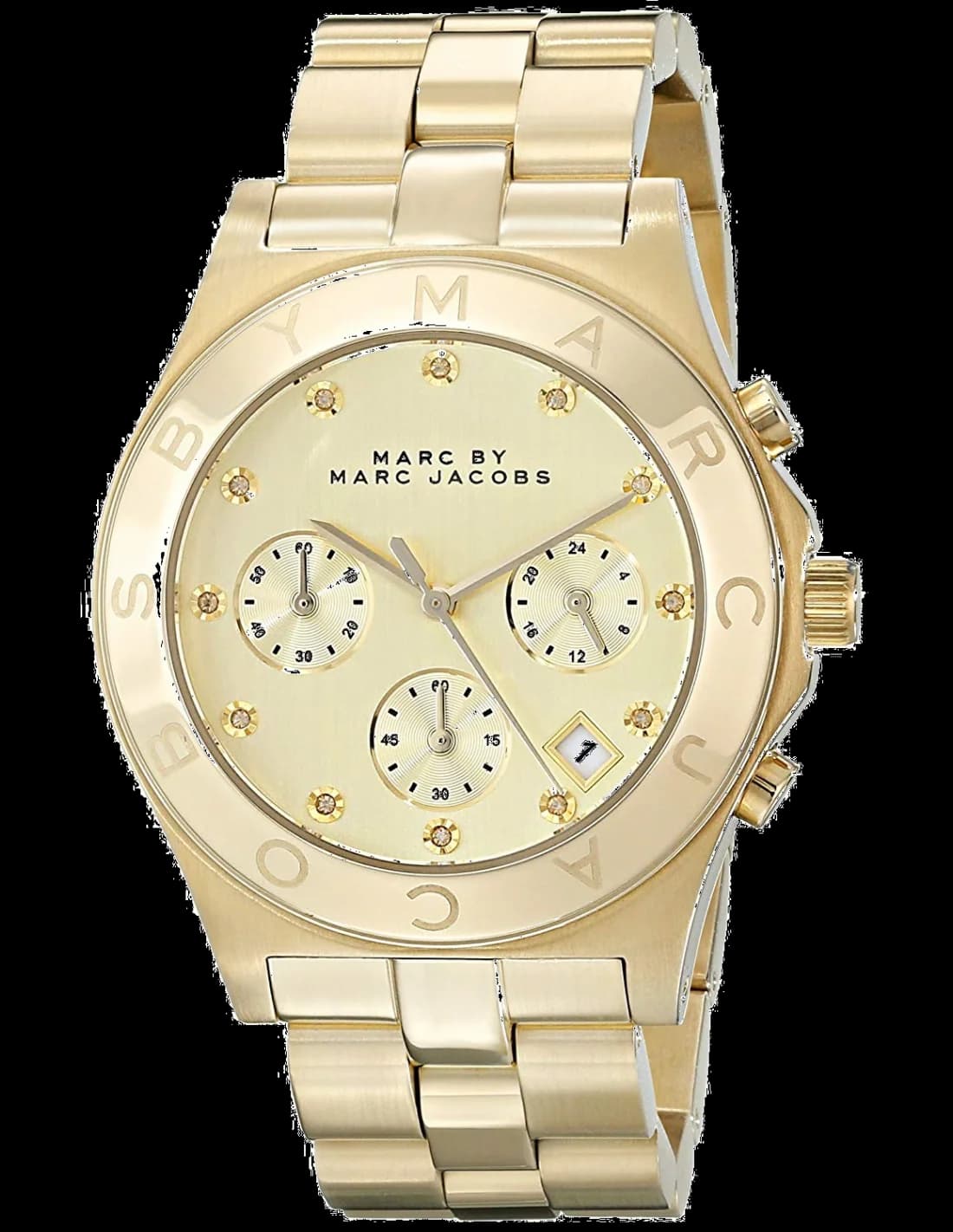 Montre Marc Jacobs MBM3101 au cadran doré soleil avec index bâtons et trois compteurs chronographe