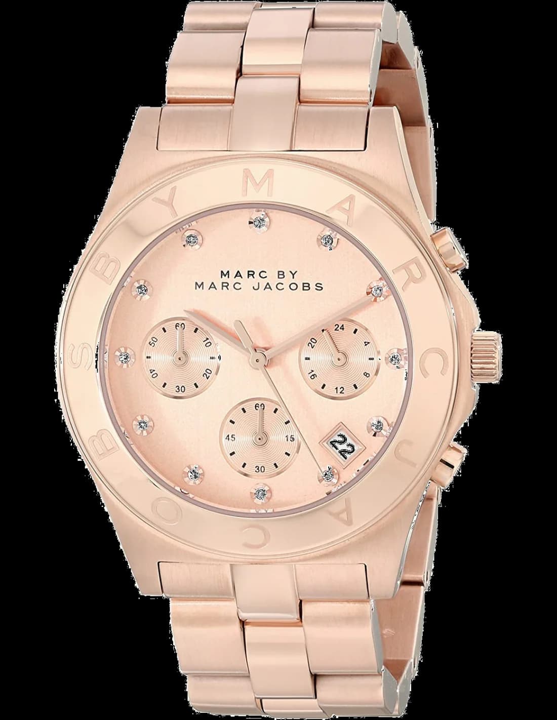 Montre Marc Jacobs MBM3102 chronographe acier or rose, cadran blanc nacré, index dorés, style élégant et raffiné
