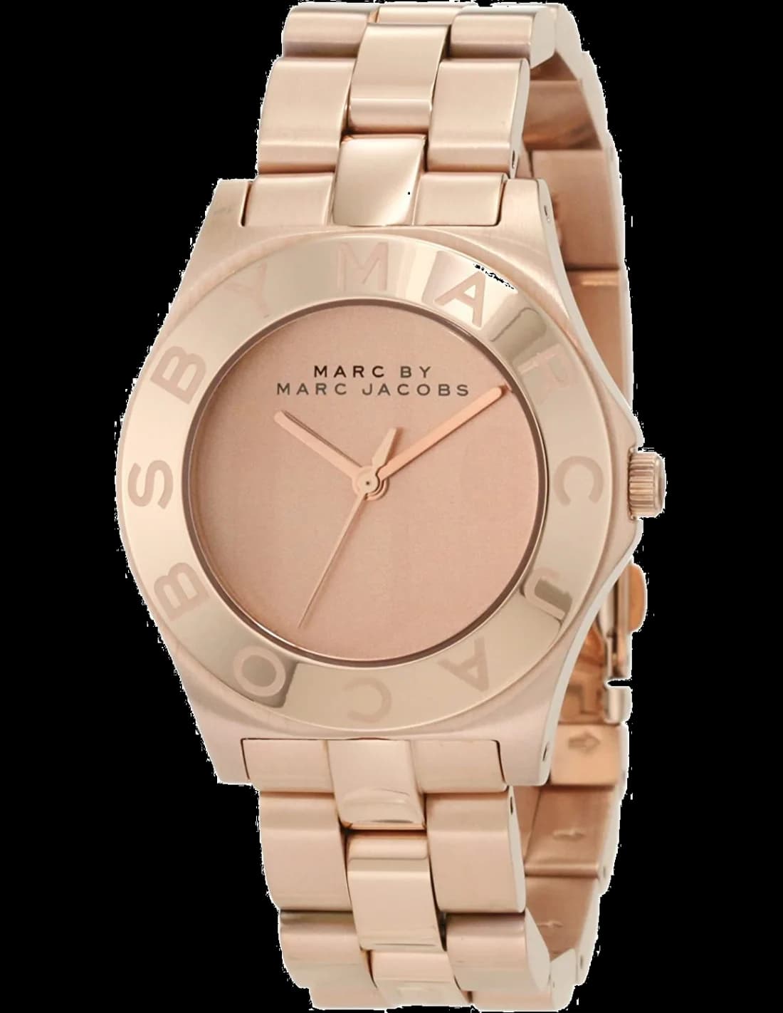 Montre Marc Jacobs MBM3127 au cadran blanc nacré et aiguilles dorées sur fond lumineux