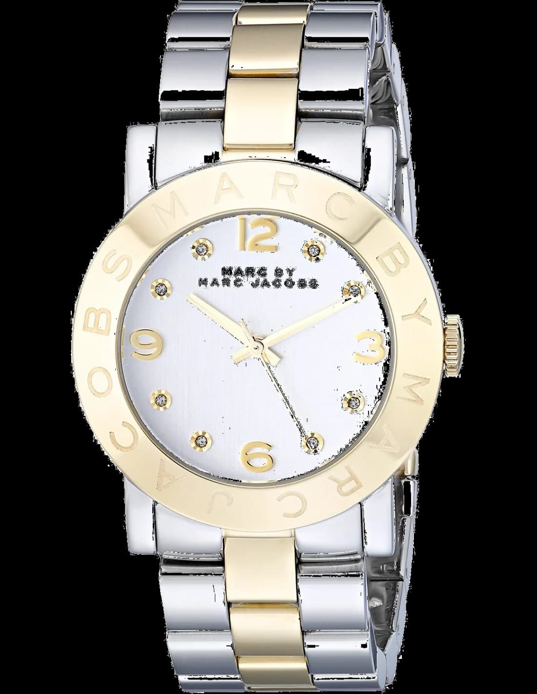 Montre Marc Jacobs MBM3139 avec cadran blanc argenté et index dorés sur fond soleil
