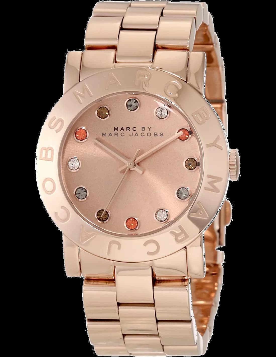 Montre Marc Jacobs MBM3142 en acier or rose avec cadran blanc et lunette gravée, style élégant et chic